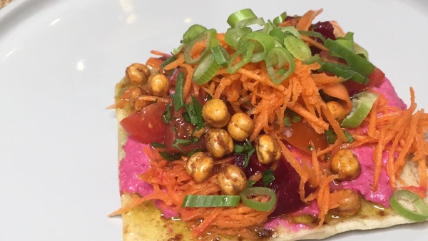 Mags Roche's open vegetarian kebabs with beetroot hummus, pickled carrot, cherry tomato salsa and spicy crunchy chickpeas.