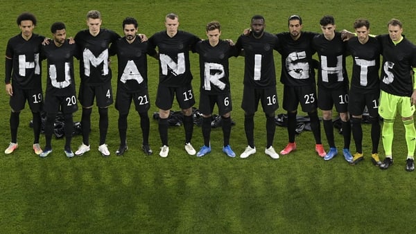 Germany players wear T-shirts which spell out 'Human Rights' prior to the clash against Iceland