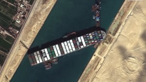 The MV Ever Given has blocked the Suez Canal since Tuesday (Satellite image: Maxar Technologies)