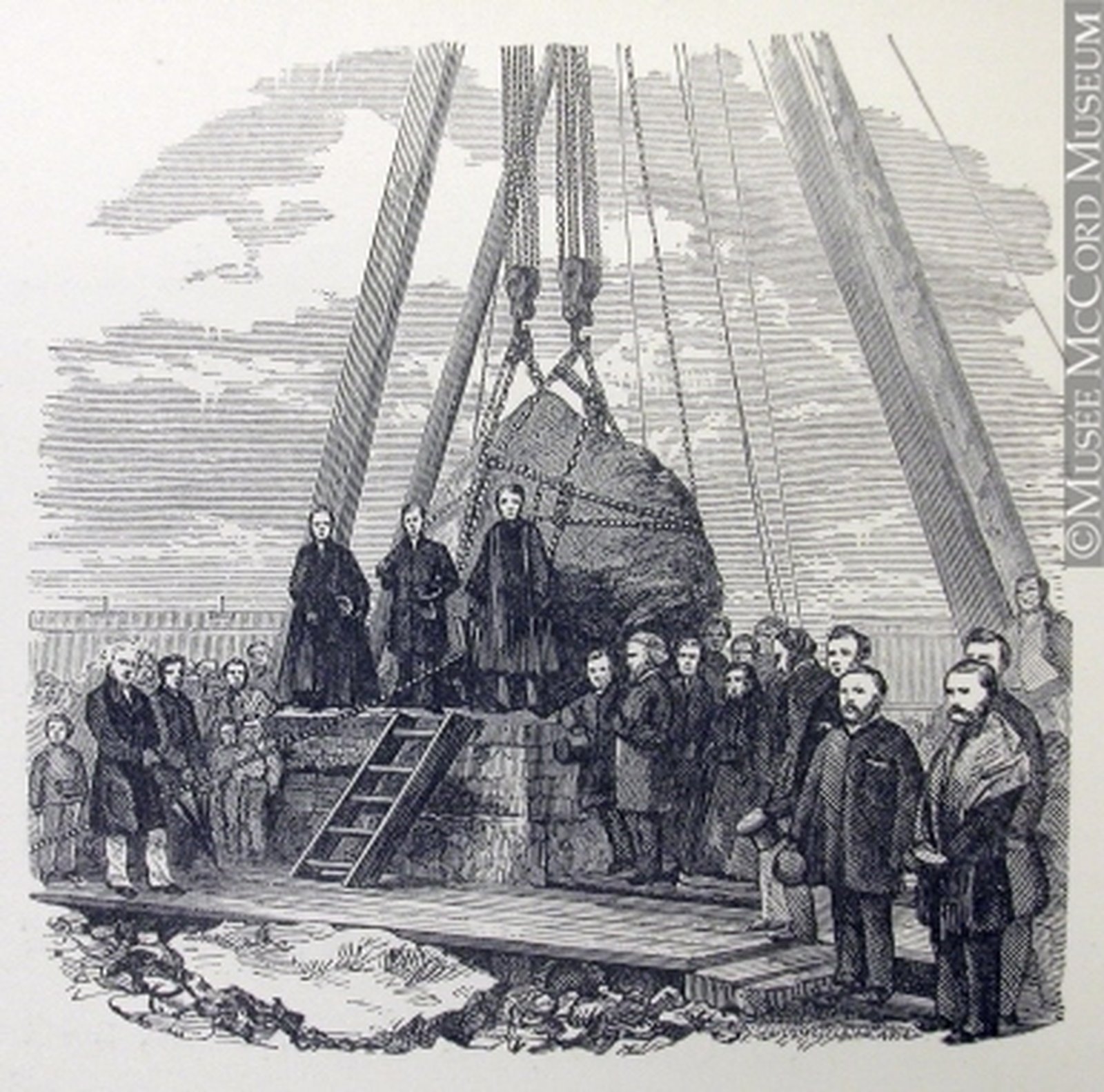 Image - A depiction of the laying of the 'Black Rock' of Montreal, marking the graves of 6000 Irish iimmigrants near Victoria Bridge (1860). Gift of Mr. David Ross McCord. M15934.45 © McCord Museum