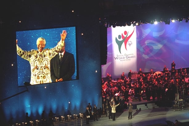 Former President of South Africa Nelson Mandela, on stage at Dublin's Croke Park, during the opening ceremony of the 2003 Special Olympics on 21 June. 