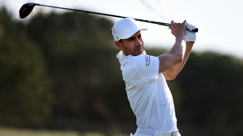Camilo Villegas plays his tee shot on the eighth hole at TPC San Antonio