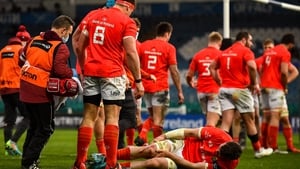 Peter O'Mahony lies injured on the RDS pitch during the Pro14 final