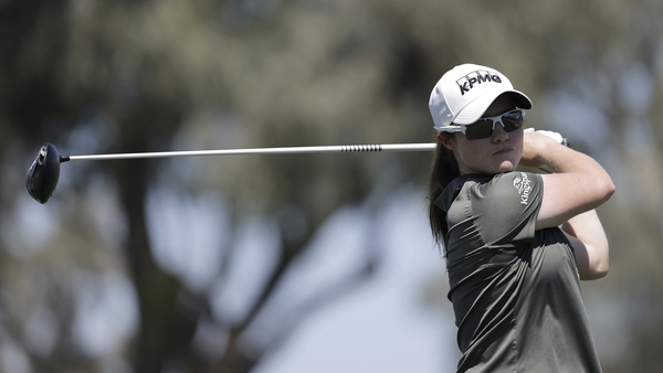 Leona Maguire teeing off on the second hole, where she made eagle, however, five bogeys on the back nine have ruined her major chances