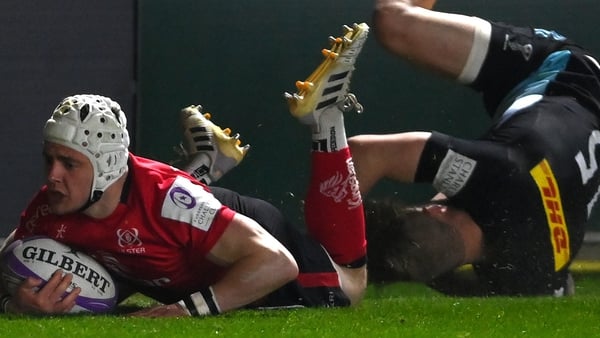 Michael Lowry dives over for Ulster's fourth try