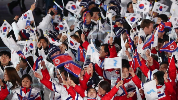 Delegations from North Korea and South Korea march under the Korean unification flag during the closing ceremony of the Pyeongchang 2018 Winter Olympic Games