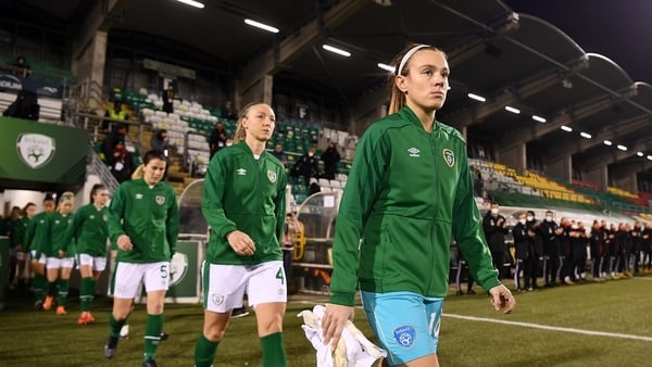 Grace Moloney walks out onto the Tallaght Stadium pitch for her Ireland debut