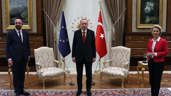 Charles Michel, Recep Tayyip Erdogan and Ursula von der Leyen in Ankara yesterday
