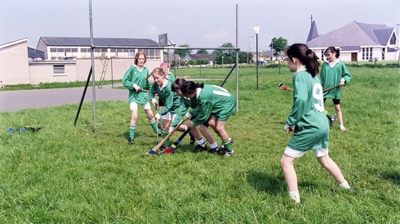 Girls play camogie at Scoil Ursula National School in Sligo town in 1993.
