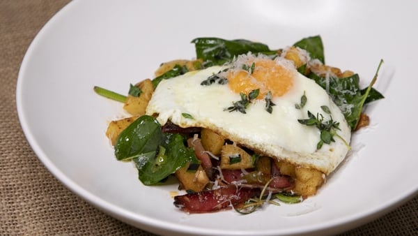 Kevin Aherne's chorizo hash with fried eggs & parmesan