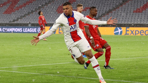 Kylian Mbappe celebrates his opening goal for Paris Saint-Germain