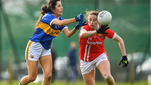 Roisin Daly of Tipperary (L) competes for the ball with Aine O'Sullivan of Cork during last year's cancelled league