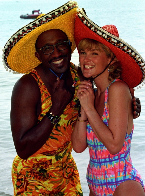 GMTV's Mr Motivator and Anthea Turner getting into the holiday spirit on the beach at Torremolinos in 1994