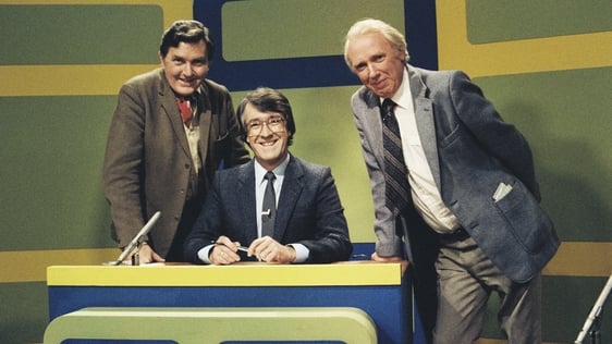 The presenter and team captains from RTÉ Television's musical quiz show 'Off the Beat', in Studio 2 in September 1980. From left to right; Frank Hall, Brendan Balfe (presenter) and writer Hugh Leonard.