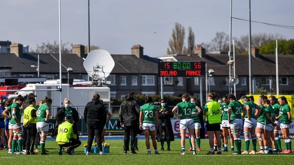 Ireland team gather after their heavy loss at home to France in the Women's Six Nations