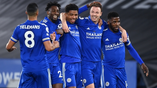 Jonny Evans celebrates after scoring Leicester City's second goal against West Brom