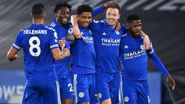 Jonny Evans celebrates after scoring Leicester City's second goal against West Brom