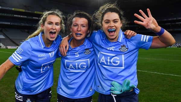 From left: Sarah McCaffrey, Leah Caffrey and Noelle Healy celebrate winning the All-Ireland last December