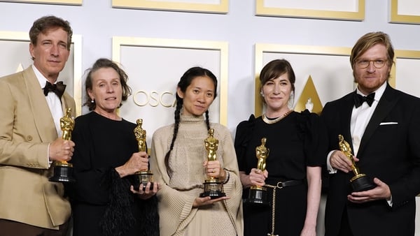 Peter Spears, Frances McDormand, Chloé Zhao, Mollye Asher and Dan Janvey, winners of Best Picture for Nomadland