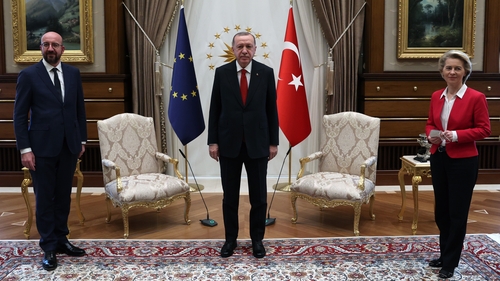 (L-R) EU Council President Charles Michel, Turkish President Recep Tayyip Erdogan and European Commission Ursula von der Leyen