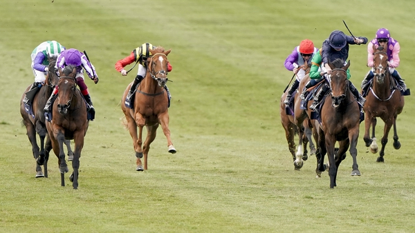 Frankie Dettori riding Mother Earth (purple silks on left) at Newmarket
