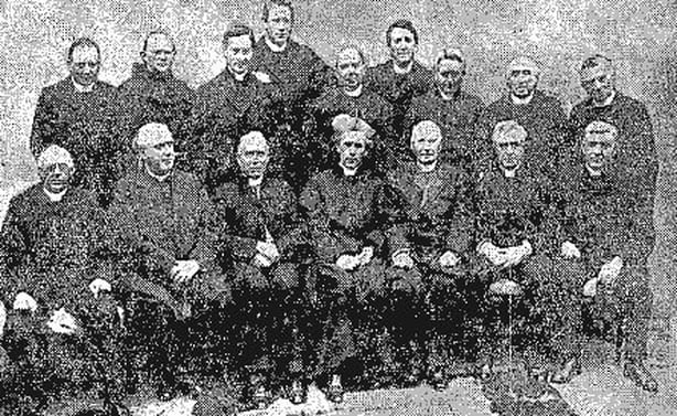 Archbishop Mannix, centre, with some of the Irish clergy members who travelled to London for his farewell dinner. Photo: Freeman's Journal, 16 May 1921