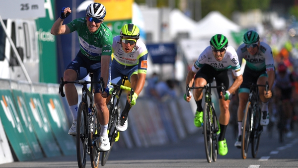 Sam Bennett punches the air after triumphing in Tavira