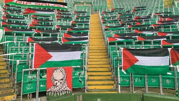 Palestinian flags were briefly hung on seats at Celtic Park today. Pic: @NCCeltic