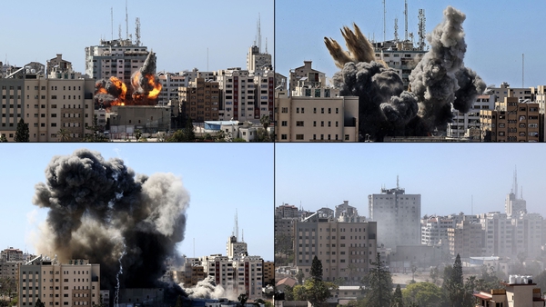 Pictures showing the Jala Tower in Gaza city being hit by an Israeli air strike and collapsing