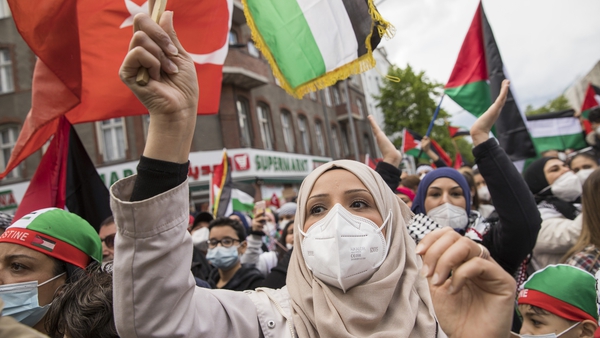 Protesters demonstrate for the rights of Palestinians in Berlin, Germany