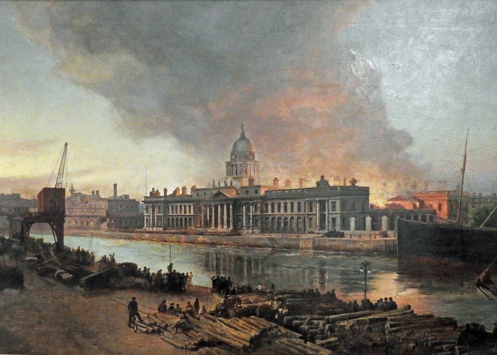 Image - A painting of the fire as seen from the quay across the Liffey. Painted by Archibald McGoogan, 1921. Credit: Dublin Fire Brigade.