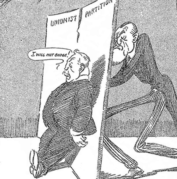 Century Ireland Issue 205 - A cartoon showing Sir James Craig with his back to the wall relying on Carson's support. But what will he do when Carson goes to the Lords? Photo: Freeman's Journal, 25 May 1921