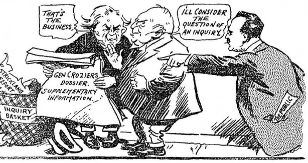 Century Ireland Issue 205 - Cartoon showing Lloyd George and Hamar Greenwood reading General Crozier's dossier while a member of the Irish public points to the suppressed Strickland Report Photo: Sunday Independent, 29 May 1921