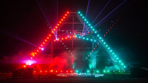 The Pyramid Stage is illuminated during the Glastonbury Festival Global Livestream