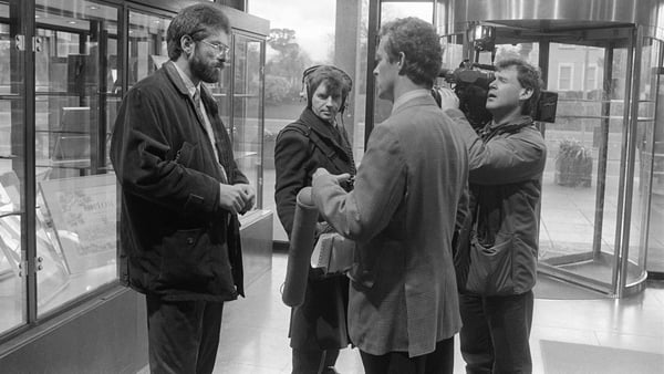 Sinn Féin leader Gerry Adams is interviewed by Joe Little in the reception area of RTÉ Television Centre in January 1994 after the Section 31 ban had been lifted. Photo: Thomas Holton/RTÉ Stills Library