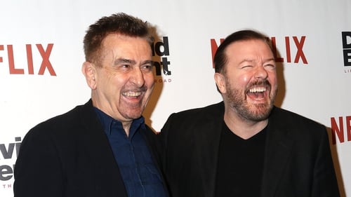 Charlie Hanson (left) and Ricky Gervais attend David Brent: Life on the Road New York Screening at Metrograph in 2017 (Photo by Laura Cavanaugh/FilmMagi)