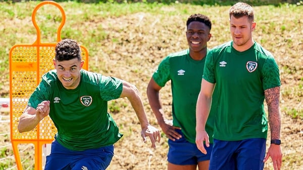John Egan (L) in Ireland training with Chiedozie Ogbene and James Collins