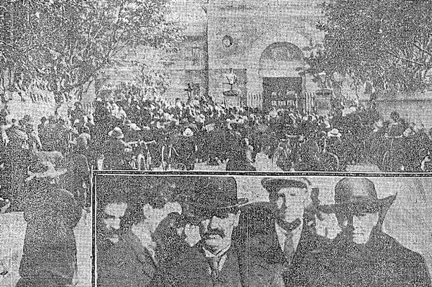 Crowds outside Mountjoy Gaol ahead of the executions. Insert: Edward Foley's parents. Photo: Irish Independent, 8 June 1921