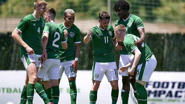 Ross Tierney, right, celebrates his goal with his Ireland team-mates