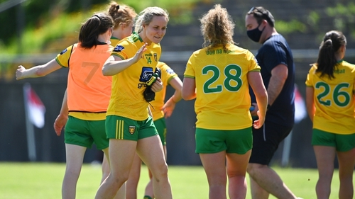 Donegal players Karen Guthrie, left, and Kate Keaney celebrate after their victory in Tuam