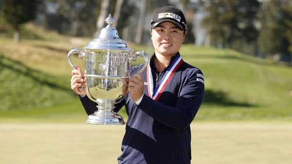 Yuka Saso celebrates with the Harton S Semple Trophy after winning the 76th US Women's Open