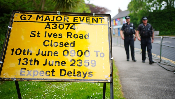 A sign advising drivers of road closures in Carbis Bay ahead of the G7 summit in Cornwall