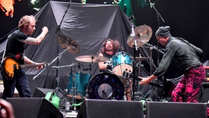 John McCauley of Deer Tick joins Dave Grohl and Krist Novoselic during Cal Jam 18 at the San Manuel Amphitheater on October 6,2018 in San Bernardino, CA. (Photo by Jeff Kravitz/FilmMagic.com)