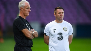 Robbie Keane's last appearance on the sideline for Ireland was in Mick McCarthy's (L) final game in charge in November 2019