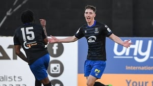 John Martin celebrates scoring his second goal and Waterford's third of the evening at Oriel Park
