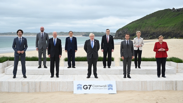 Leaders: Justin Trudeau, Charles Michel, Joe Biden, Yoshihide Suga, Boris Johnson, Mario Draghi, Emmanuel Macron, Ursula von der Leyen and Angela Merkel