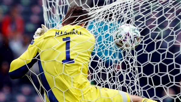 David Marshall desperately attempted to stop Patrik Schick's superb lob