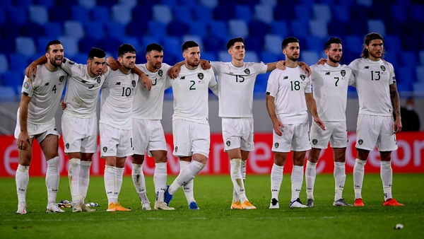 Republic of Ireland players during the penalty shoot-out at the end of the Euro 2020 play-off semi-final against Slovakia last October. Photo: Stephen McCarthy/Sportsfile via Getty Images