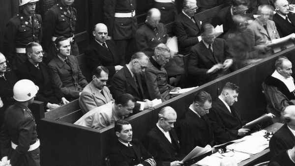 In the dock: Nazi war criminals Hermann Göring, Rudolf Hess, Joacchim von Ribbentrop, Wilhelm Keitel, Alfed Rosenburg and Hans Frank at the Nuremberg trials in 1945. Photo: Getty Images
