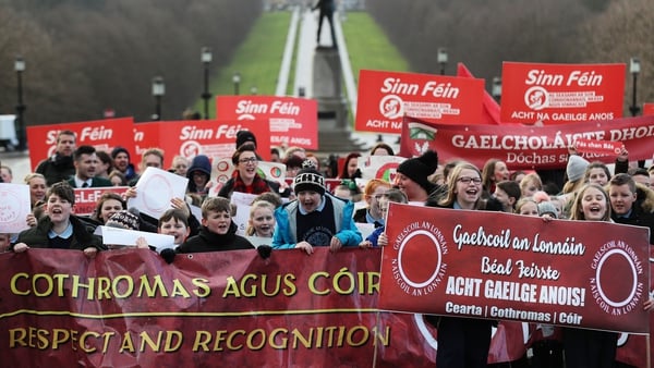 School pupils taking part in a protest calling for an Irish language act outside Stormont in 2018
